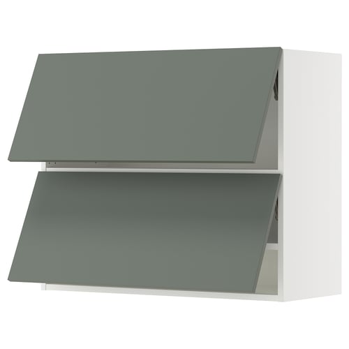 Grey-green kitchen cabinets, modern design with horizontal handles.