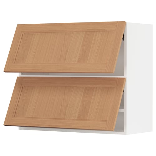 SEKTION kitchen cabinets, white and oak, rectangular, two-tiered design with natural wood finish.