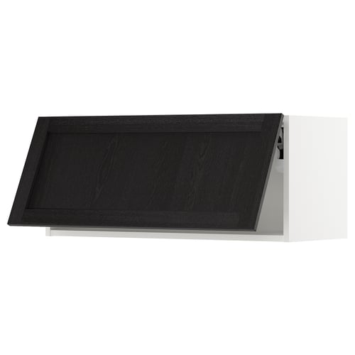 Black stained wooden kitchen cabinet with sleek design and bevelled edges.