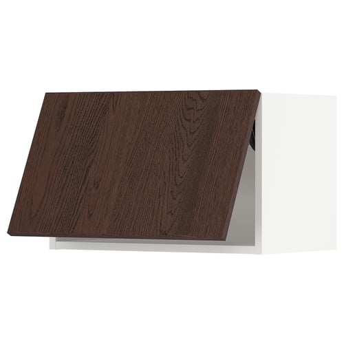 Dark wood kitchen cabinet with sleek, angled top.