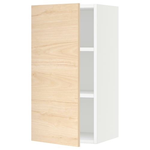White and wood-toned cabinet, with a door open revealing shelves.