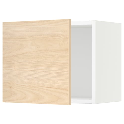 A light wooden kitchen cabinet with a white frame, featuring a modern and natural design.