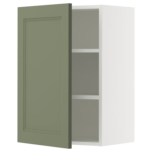 Green kitchen cabinet, modern design, adjustable shelf, white frame.