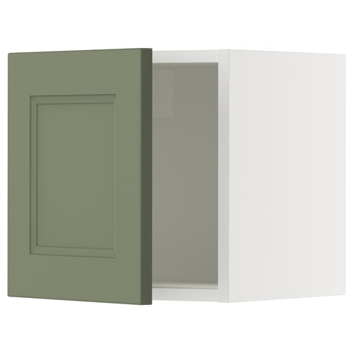A green ikea SEKTION kitchen cabinet door with a modern design. It is rectangular with a flat center panel and is made of fiberboard and plastic foil.