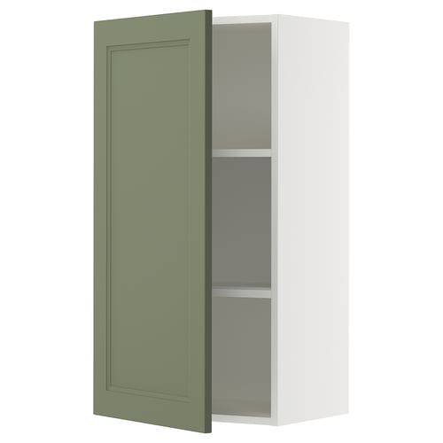 This image shows an open white upright kitchen cabinet with a single green door. The cabinet a single shelf and a minimalist, modern design.