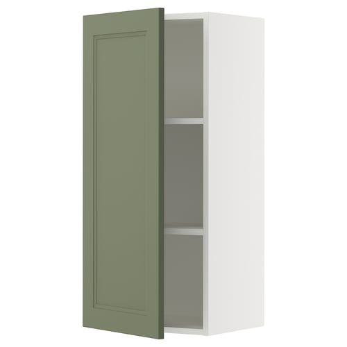 SEKTION kitchen cabinet, grey-green, flat panel door, adjustable shelf, white frame.