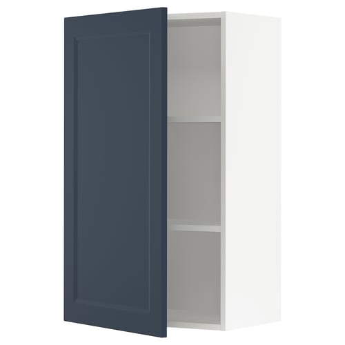A minimalist blue kitchen cabinet with one door open, revealing adjustable shelves inside.