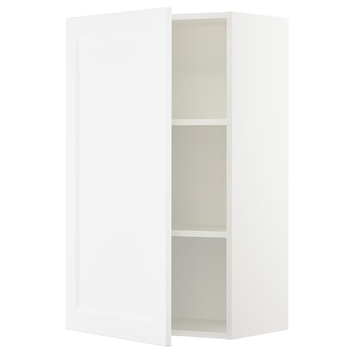 An open white SEKTION kitchen cabinet with two shelves and a modern design.
