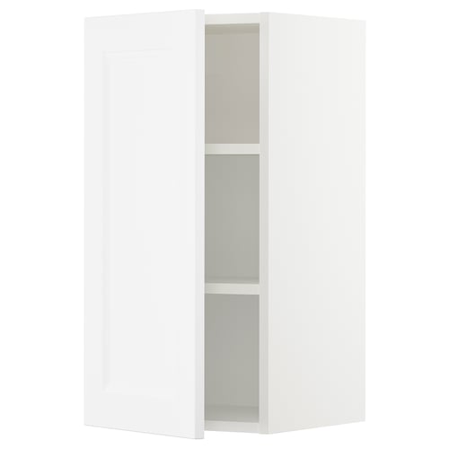 Ikea SEKTION white kitchen cabinet, tall and rectangular with open doors.