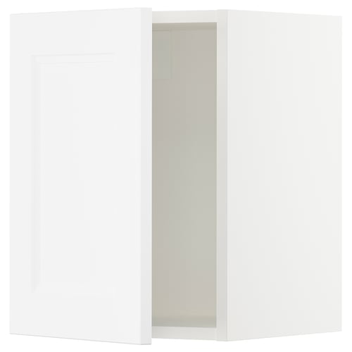 A white SEKTION kitchen cabinet door with a sleek design featuring a plastic foil front and a sturdy fibreboard back.