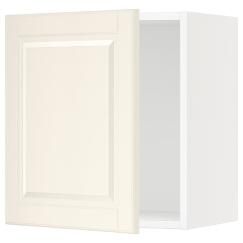 Off-white SEKTION kitchen cabinet with bodbyn design, rectangular shape, bevelled edges, and white colour.