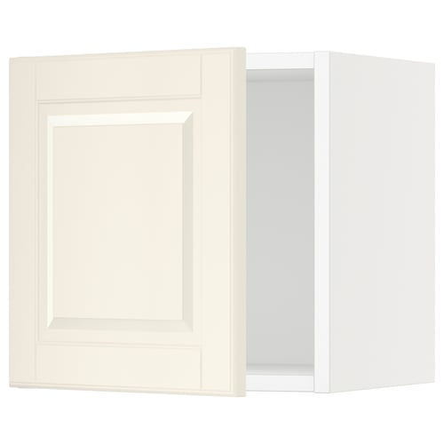 A white SEKTION kitchen cabinet with a panelled door featuring bevelled edges. Its rectangular with a sturdy frame and snap-on hinges.