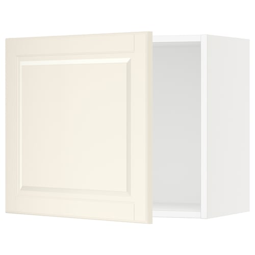 This image shows an off-white SEKTION kitchen cabinet with a bevelled door, featuring a square shape and minimalist design.