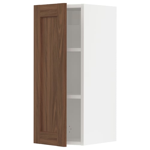 SEKTION kitchen cabinet in walnut and white, open door revealing shelves.