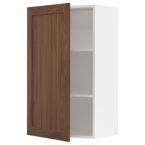 SEKTION kitchen cabinet with walnut wooden door, white interior, and adjustable shelves.