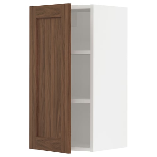 SEKTION kitchen cabinet, white, walnut door open, wood grain, single shelf, modern design.
