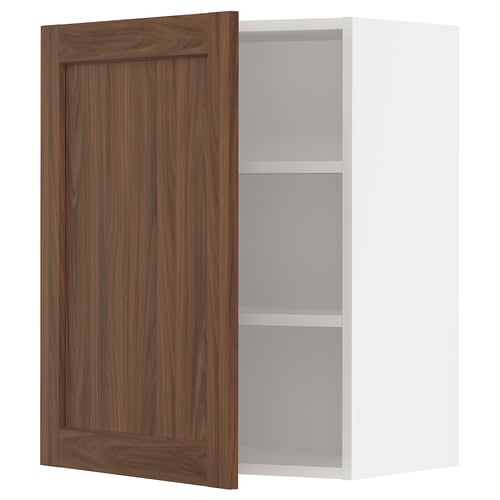 Ikea SEKTION walnut-knock cabinet with open door.