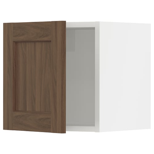 Walnut-colored cabinet door with modern design and grain texture opened to show light grey interior.
