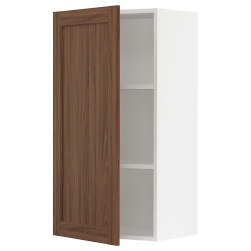 SEKTION kitchen cabinet, white & walnut, adjustable shelves, with wooden door.