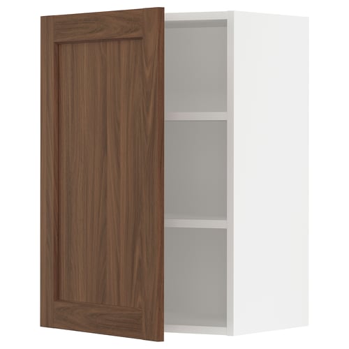 Open ikea SEKTION kitchen cabinet with enköping walnut door, white frame, two shelves, right-opening door.