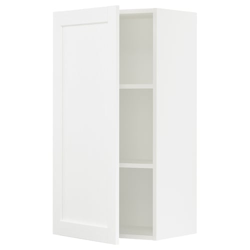 White SEKTION kitchen cabinet, square shape, with open door revealing two shelves.