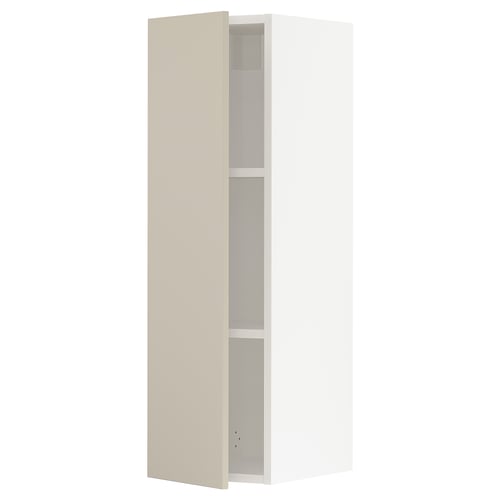 A beige SEKTION kitchen cabinet with an adjustable shelf and a door mounted with snap-on hinges.