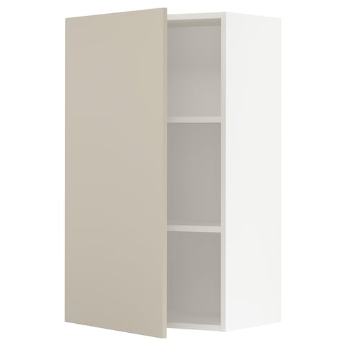 Beige kitchen cabinet, rectangular shape, two open shelves, in white, part of IKEAs SEKTION series.