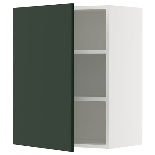 Modern grey kitchen cabinet with two shelves, minimalist rectangular design, and dark green door, partially opened.