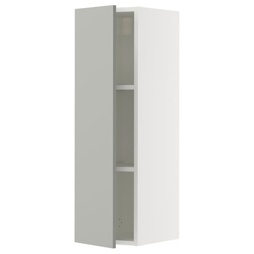 White SEKTION kitchen cabinet with grey shelves, modern minimalist design.