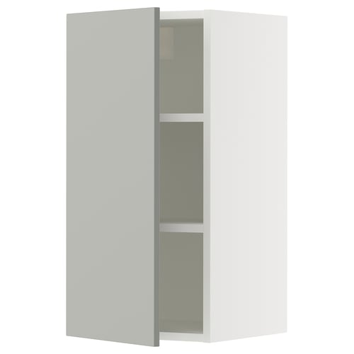 White modern wall cabinet, light grey door, adjustable shelves.