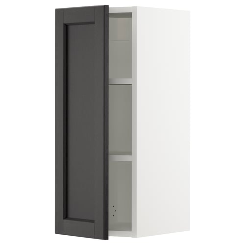 An open SEKTION kitchen wall cabinet with a black stained door.