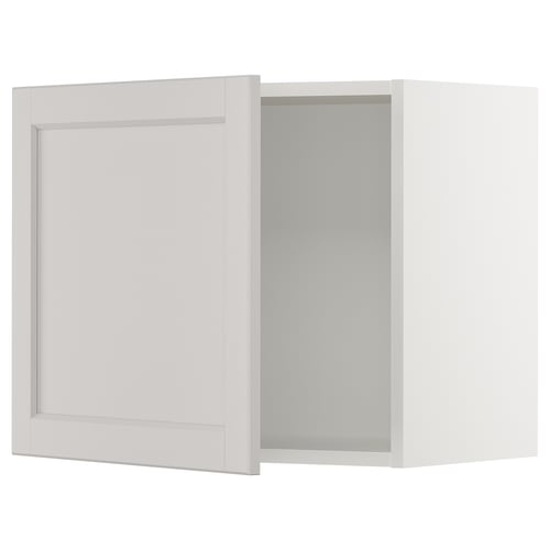 White kitchen cabinet door, modern design with bevelled edges. Made of birch and fibreboard, painted grey.