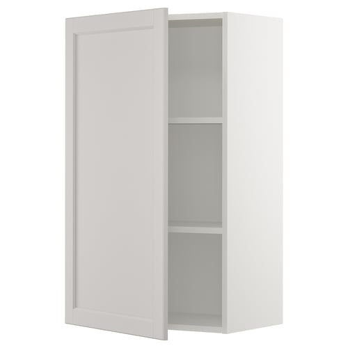 White cabinet with one open door, two shelves, square shape, bevelled edges, simple design.