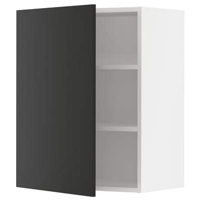 Modern kitchen cabinet with black door, white interior, adjustable shelves, and sleek design.