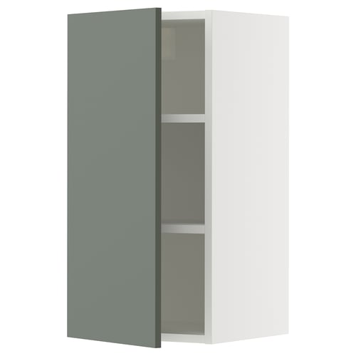 An open white wall cabinet with a gray-green door. Modern, sleek design with adjustable shelves.