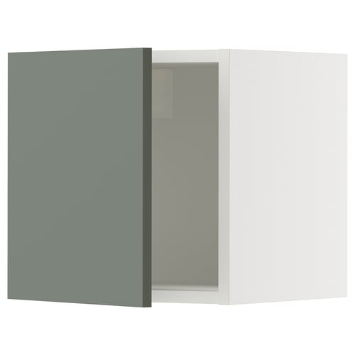 Modern teal kitchen cabinet with white frame and snap hinges.