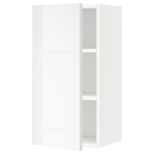 A white SEKTION kitchen wall cabinet with glossy doors and two adjustable shelves. It has a modern, rectangular design with a smooth finish.