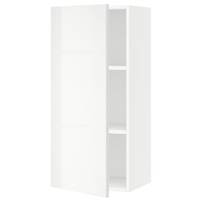 Displays a white, modern kitchen cabinet from the SEKTION series, featuring high-gloss doors and an adjustable shelf.