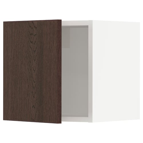 Open wooden cabinet door, dark brown wood grain, white interior, hinged right, minimalist design.