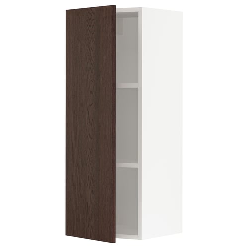 Ikea SEKTION dark brown wooden cabinet with white interior and adjustable shelves.