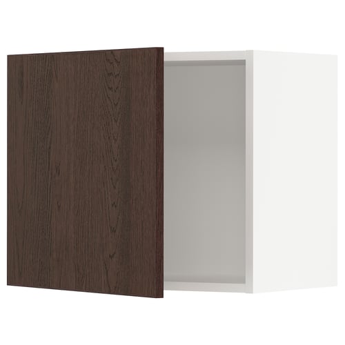 Dark wood grain cabinet door open, revealing white interior, ash colour, rectangular shape.