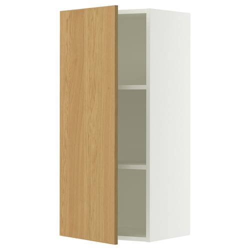 Ikea SEKTION white wall cabinet with oak door, slim, rectangular, minimalist design, adjustable shelves.