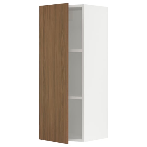 Modern kitchen cabinet, white with walnut door, adjustable shelves.