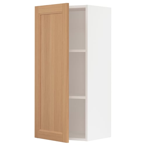 Ikea SEKTION oak cabinet with open door, white, adjustable shelves, natural wood grain, rectangular design.