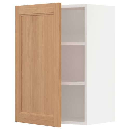 An open wooden ikea SEKTION wall cabinet with a light oak door.