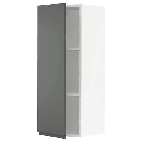 Grey kitchen cabinet with open door, 3 shelves, sleek, minimalist.