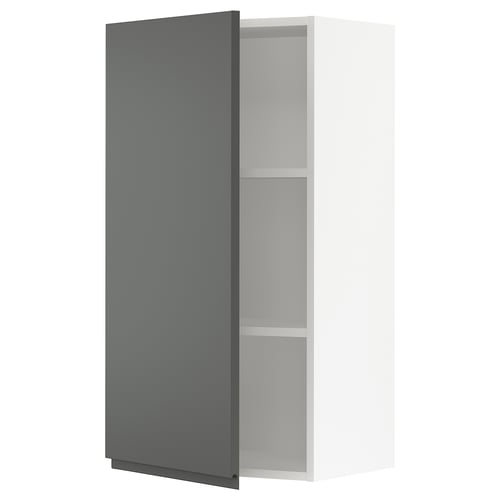 Modern grey kitchen cabinet with two shelves, open door, sleek design.