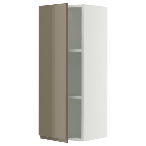 A modern, sleek, high-gloss dark grey-brown kitchen cabinet with a single door and adjustable shelves.