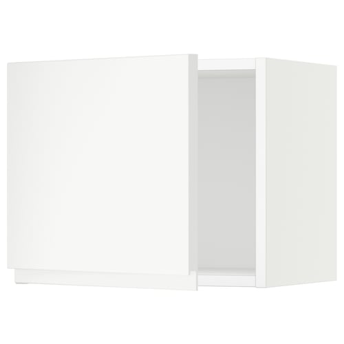 White kitchen cabinet, square, modern design, matte finish, with integrated handle.