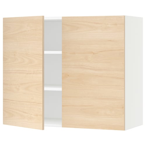 SEKTION light wood kitchen cabinet with white interior, rectangular shape, and two doors.
